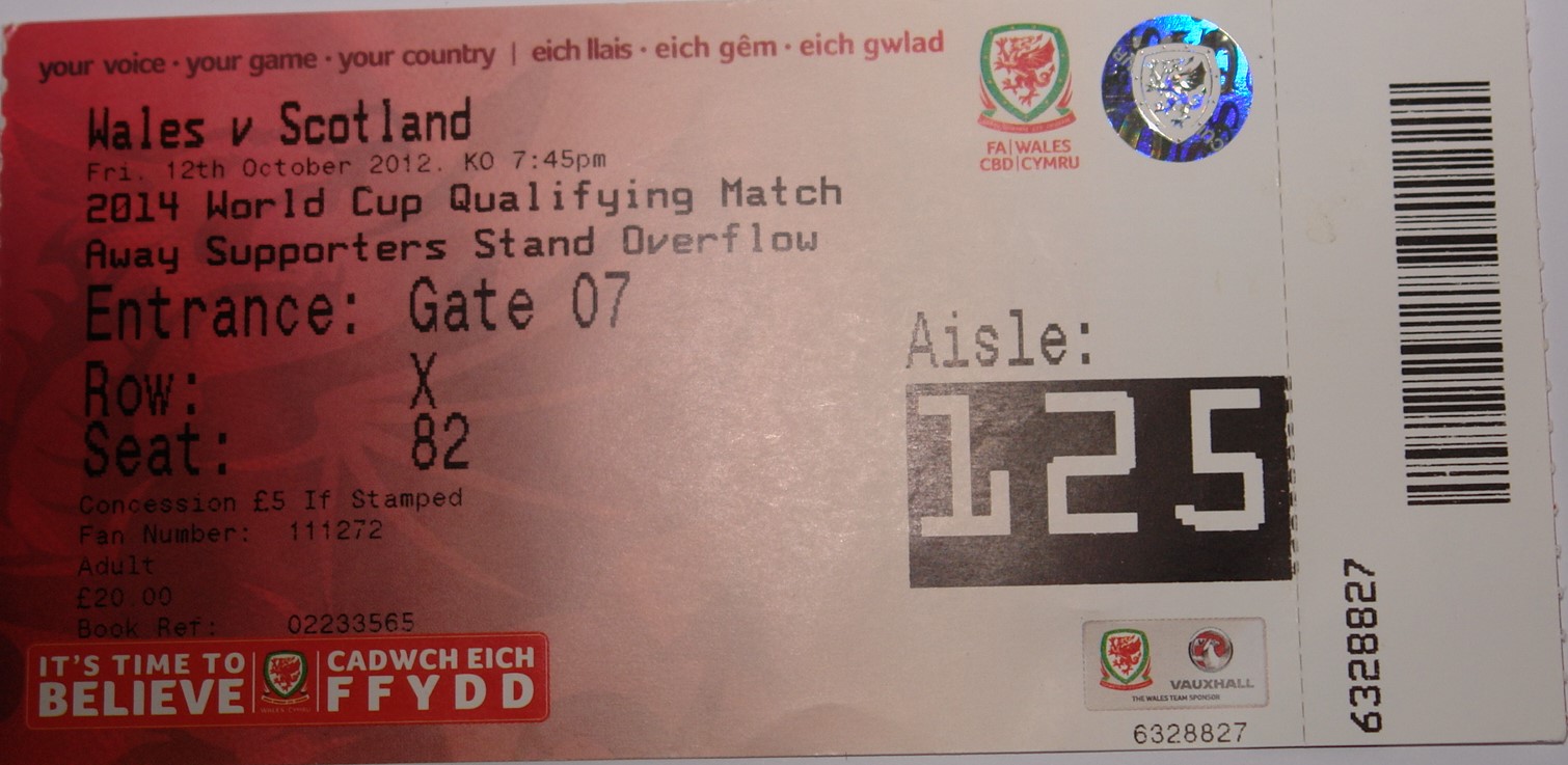 wales v scotland 2012 ticket stub no 219 Scottish Football Memorabilia